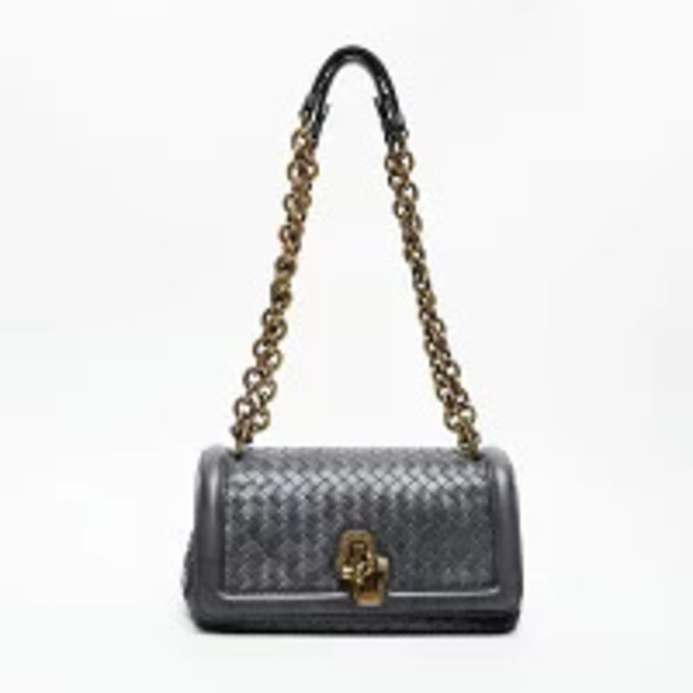 Bottega Veneta Intrecciato Chain Flap Shoulder Bag Gray